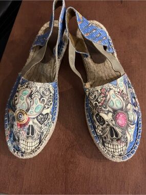 Blue Floral Sugar Skull Espadrille Slingbacks